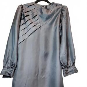 Vintage 80s Inspired Long Sleeve Gray Dress Shift Style Long Sleeve Pleated